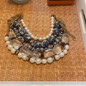 Lizzie Fortunato Jewels beaded collar necklace with blue, white, clear and pearl